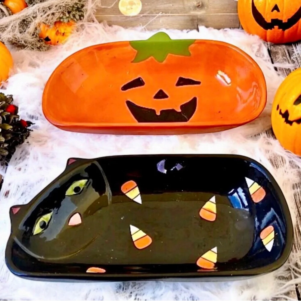Halloween 🎃 Candy Dishes Tien Hsing Vintage Black Cat + Pumpkin 2 dishes